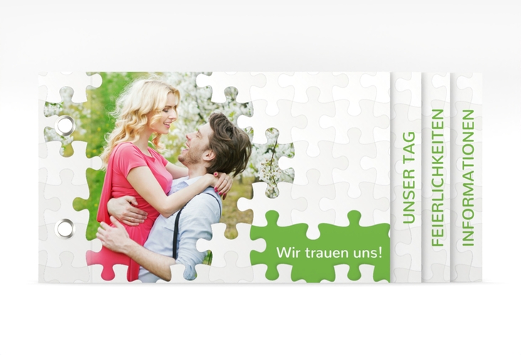 Hochzeitseinladung Puzzle Booklet gruen