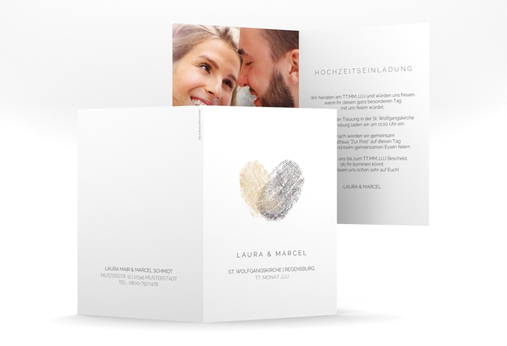 Einladungskarte Hochzeit Fingerprint A6 Klappkarte hoch beige schlicht mit Fingerabdruck-Motiv