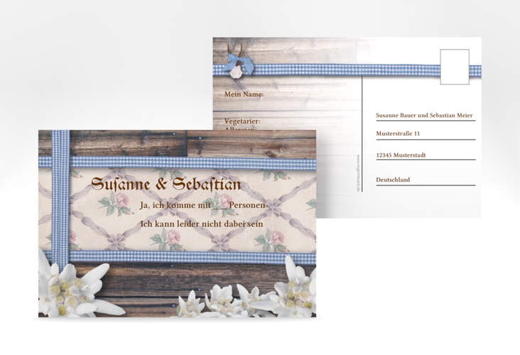 Antwortkarte Hochzeit Bayern A6 Postkarte hochglanz mit Edelweiß in rustikaler Holz-Optik