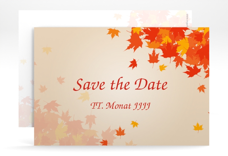 Save the Date-Karte Hochzeit Zwiesel A6 Karte quer mit Herbstlaub in Orange und Beige