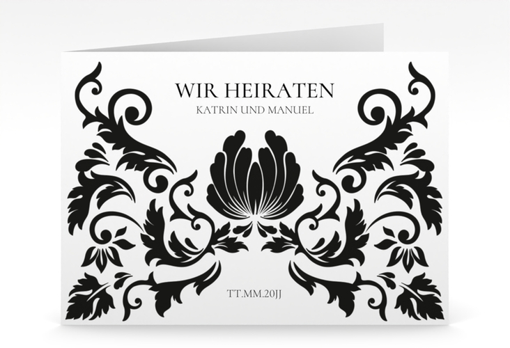 Hochzeitseinladung Royal mittlere Klappkarte quer weiss hochglanz mit barockem Blumen-Ornament