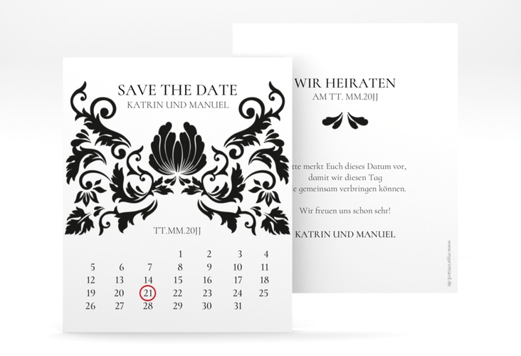 Save the Date-Kalenderblatt Royal Kalenderblatt-Karte weiss mit barockem Blumen-Ornament