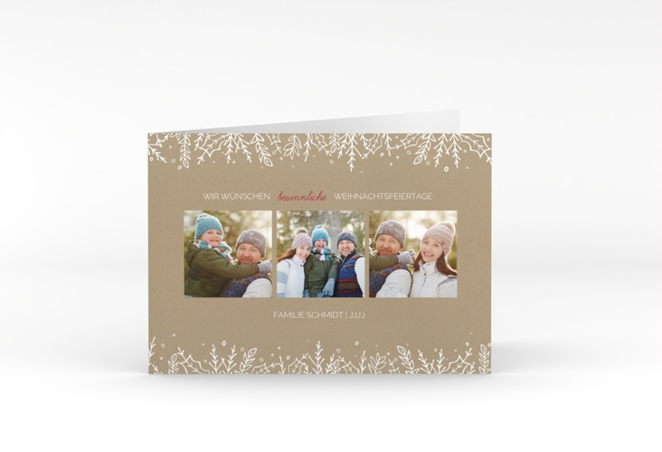 Weihnachtskarte Decor A6 Klappkarte quer Kraftpapier mit drei Fotos und Zweig-Dekor