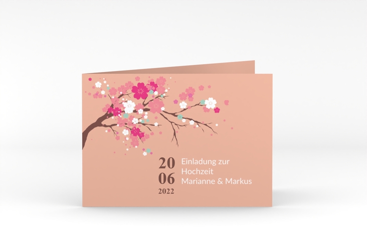 Hochzeitseinladung Sakura A6 Klappkarte quer apricot