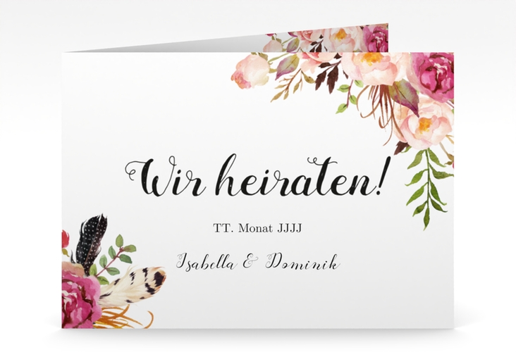 Hochzeitseinladung Flowers mittlere Klappkarte quer weiss hochglanz mit bunten Aquarell-Blumen