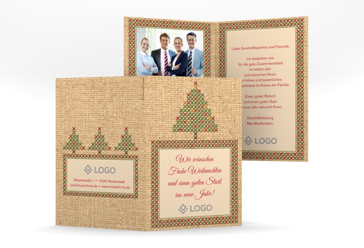 Geschäftliche Weihnachtskarte Stickerei A6 Klappkarte hoch hochglanz in Jute-Optik mit aufgesticktem Christbaum