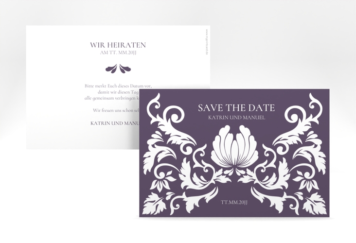 Save the Date-Karte Royal A6 Karte quer lila mit barockem Blumen-Ornament