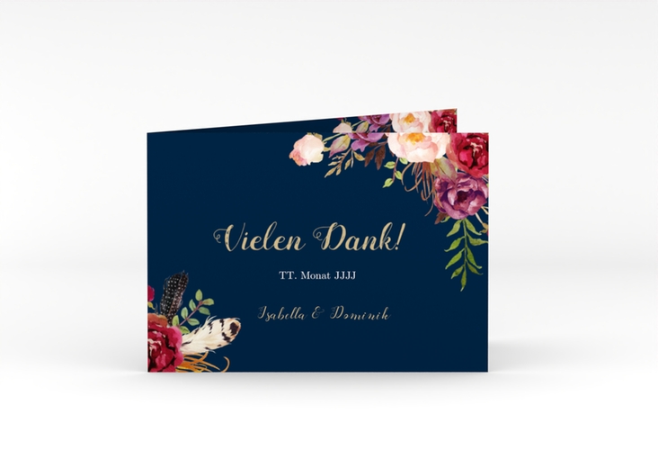 Danksagungskarte Hochzeit Flowers A6 Klappkarte quer blau mit bunten Aquarell-Blumen