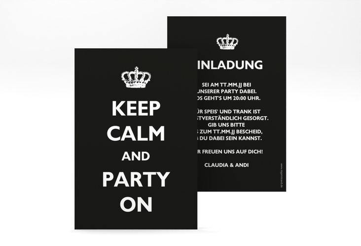 Party Einladungskarte Statement A6 Karte hoch schwarz mit Keep-Calm-Spruch