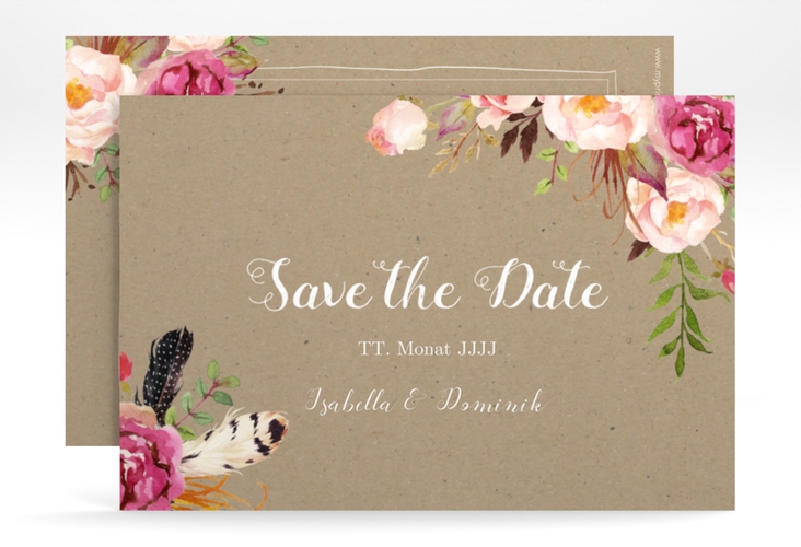 Save the Date-Karte Flowers A6 Karte quer Kraftpapier mit bunten Aquarell-Blumen