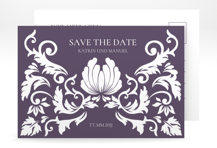 Save the Date-Postkarte Royal A6 Postkarte lila hochglanz mit barockem Blumen-Ornament