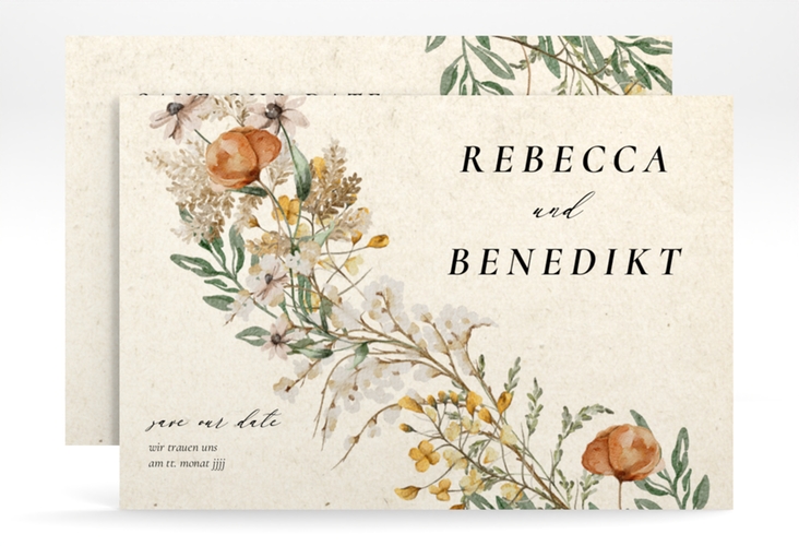 Save the Date-KarteWildfang A6 Karte quer beige hochglanz mit getrockneten Wiesenblumen