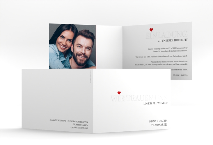 Hochzeitseinladung Embossing A6 Klappkarte quer rot hochglanz