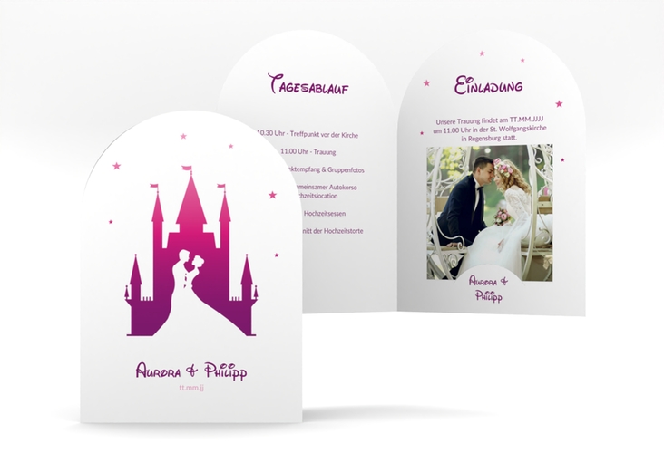 Einladungskarte Hochzeit Castle A6 Bogen-Klappkarte + Foto pink