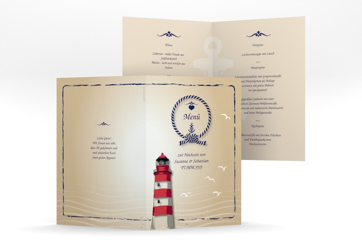 Menükarte Hochzeit Sylt A5 Klappkarte hoch mit Leuchtturm