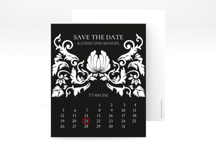 Save the Date-Kalenderblatt Royal Kalenderblatt-Karte schwarz mit barockem Blumen-Ornament