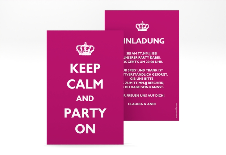 Party Einladungskarte Statement A6 Karte hoch pink mit Keep-Calm-Spruch