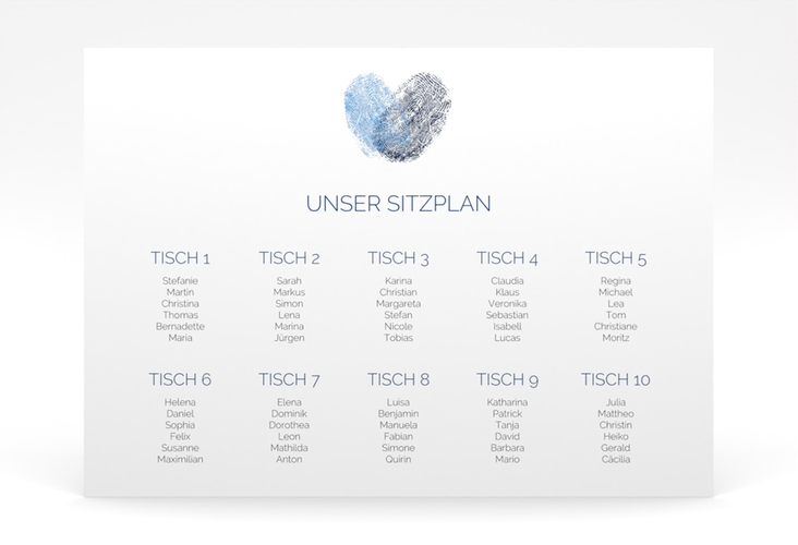 Sitzplan Poster Hochzeit Fingerprint 70 x 50 cm Poster blau schlicht mit Fingerabdruck-Motiv