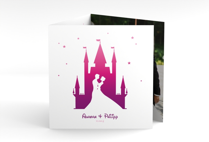 Dankeskarte Hochzeit Castle quadr. Doppel-Klappkarte pink