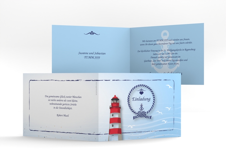 Hochzeitseinladung Sylt A6 Klappkarte quer blau mit Leuchtturm