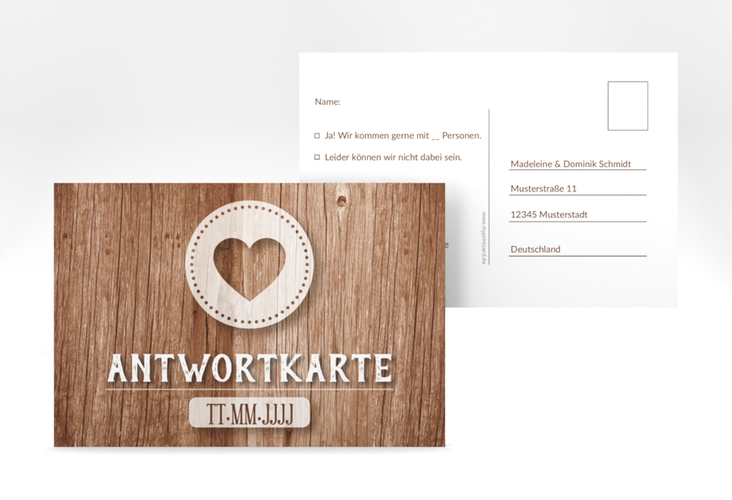 Antwortkarte Hochzeit Flair A6 Postkarte in rustikaler Holz-Optik mit Herz