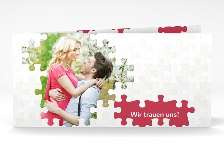 Hochzeitseinladung Puzzle lange Klappkarte quer rot