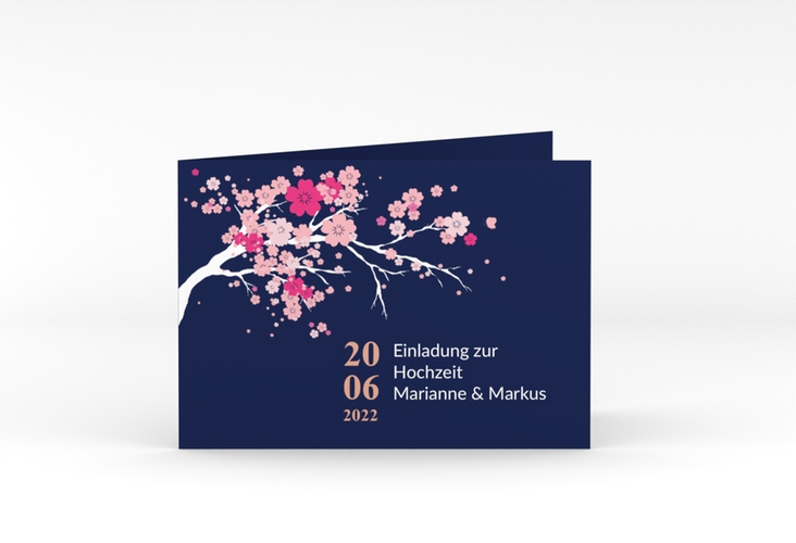 Hochzeitseinladung Sakura A6 Klappkarte quer blau