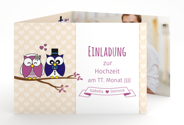 Hochzeitseinladung Eulenliebe A6 Doppel-Klappkarte