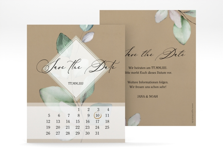 Save the Date-Kalenderblatt Foglia Kalenderblatt-Karte Kraftpapier edel mit Eukalyptus im Aquarell-Design