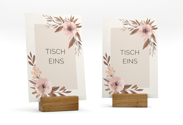 Tischnummer Hochzeit Modest Tischaufsteller beige mit elegantem Blumen-Aquarell