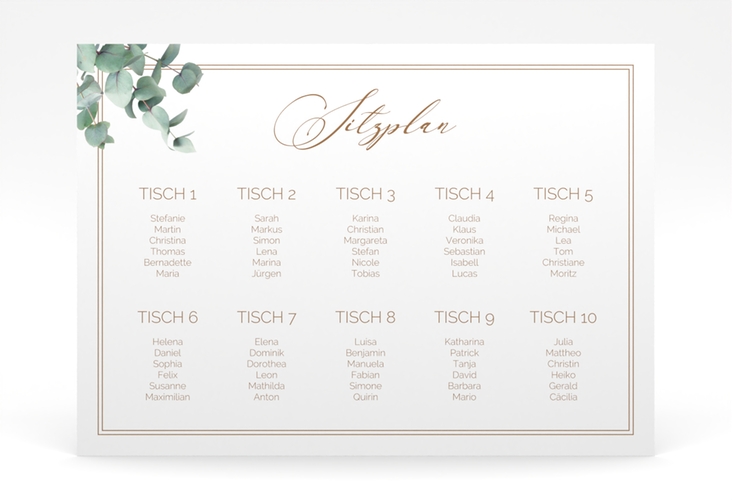 Sitzplan Poster Hochzeit Eucalypt 70 x 50 cm Poster weiss mit Eukalyptus und edlem Rahmen