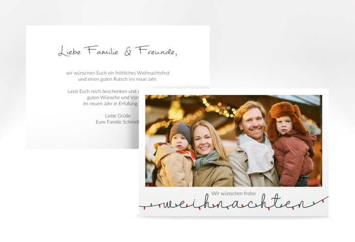 Weihnachtskarte Lichterketten Schrift A6 Karte quer weiss hochglanz für Weihnachtsgrüße mit Familienfoto