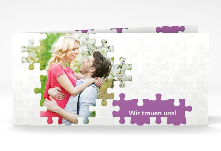 Hochzeitseinladung Puzzle lange Klappkarte quer lila