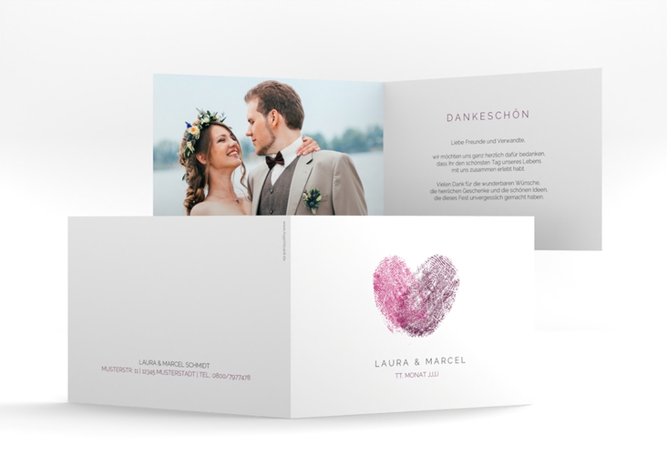 Dankeskarte Hochzeit Fingerprint A6 Klappkarte quer pink schlicht mit Fingerabdruck-Motiv