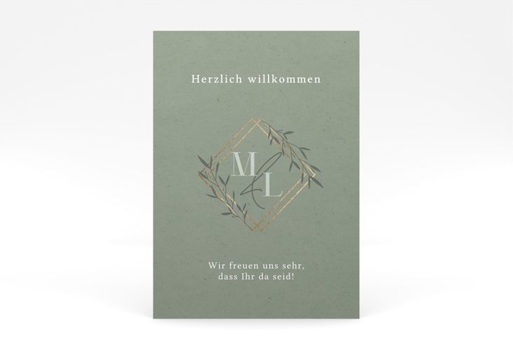 Willkommensschild Poster Greenletter 50 x 70 cm Poster mit Initialen in elegantem Goldrahmen mit Blättern