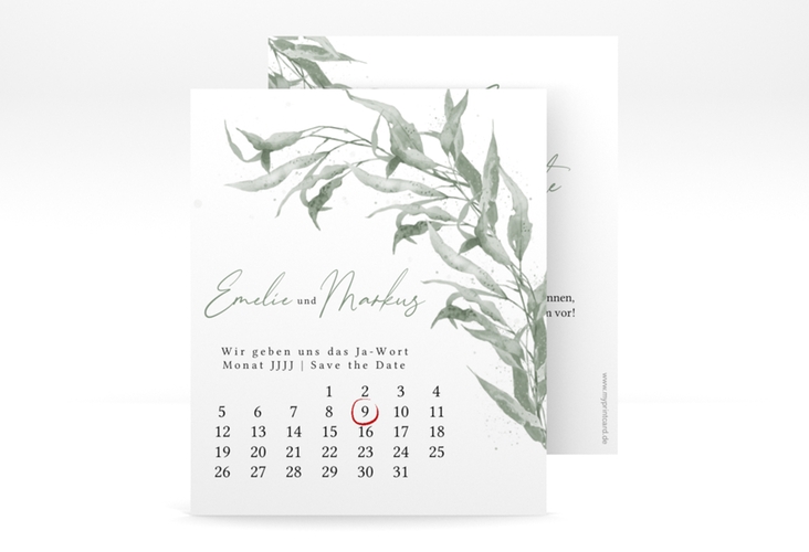 Save the Date-Kalenderblatt Eucalyptus Green Kalenderblatt-Karte weiss hochglanz
