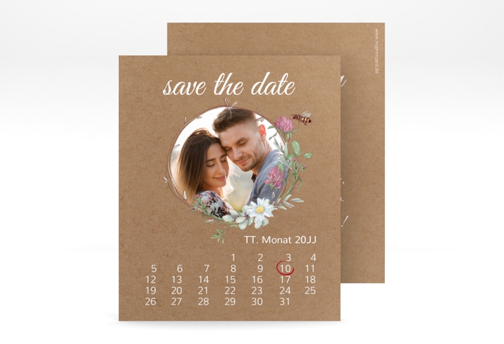 Save the Date-Kalenderblatt Honey Kalenderblatt-Karte Kraftpapier hochglanz mit Wiesenblumen und Biene