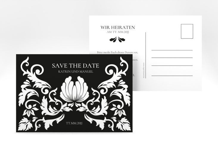 Save the Date-Postkarte Royal A6 Postkarte schwarz hochglanz mit barockem Blumen-Ornament