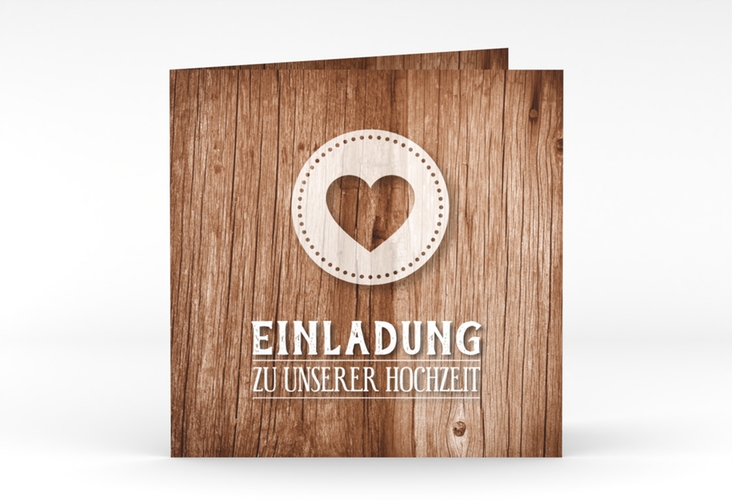 Hochzeitseinladung Flair quadr. Klappkarte braun in rustikaler Holz-Optik mit Herz