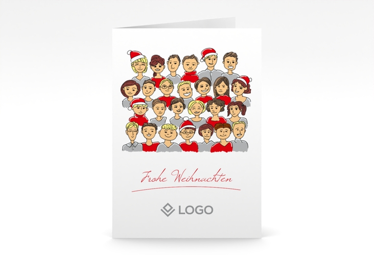 Business-Weihnachtskarte Team A6 Klappkarte hoch rot und weiß mit Illustration der Mitarbeiter