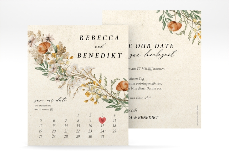 Save the Date-Kalenderblatt Wildfang Kalenderblatt-Karte beige mit getrockneten Wiesenblumen