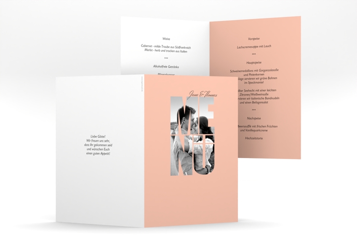 Menükarte Hochzeit Letters A5 Klappkarte hoch apricot