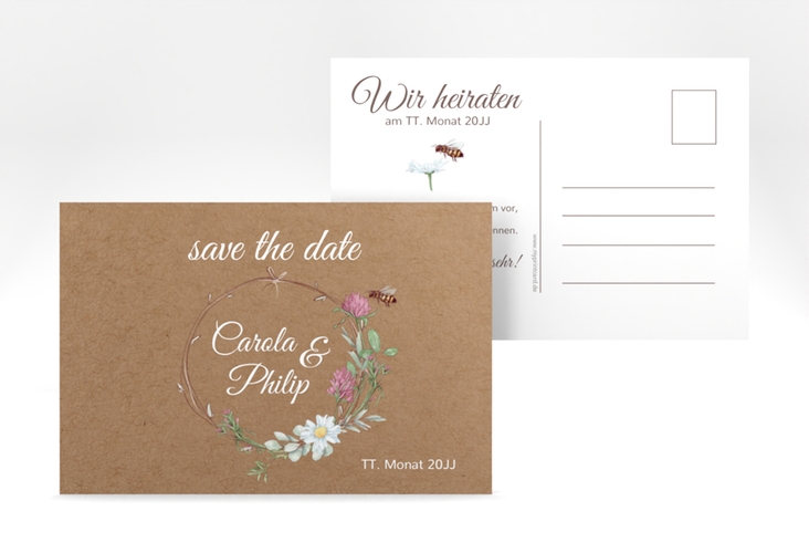 Save the Date-Postkarte Honey A6 Postkarte mit Wiesenblumen und Biene