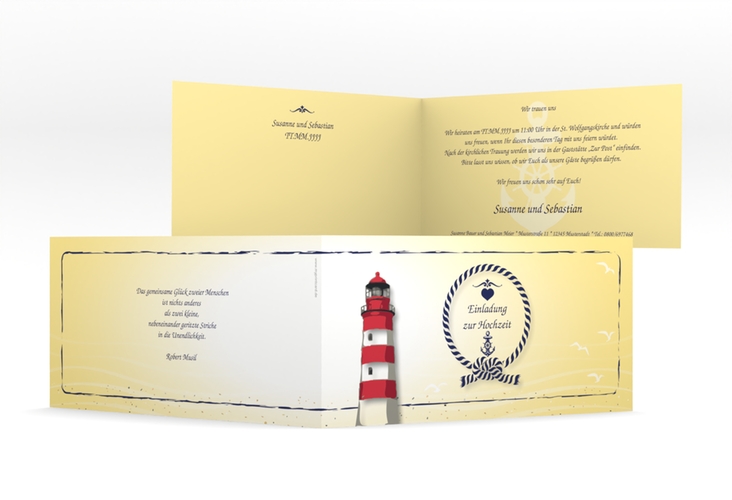 Hochzeitseinladung Sylt lange Klappkarte quer gelb mit Leuchtturm