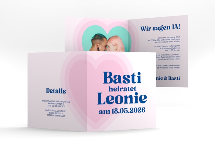 Hochzeitseinladung Retroherz quadr. Klappkarte