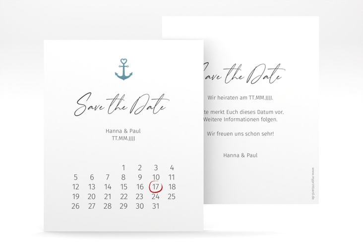 Save the Date-Kalenderblatt Ankerliebe Kalenderblatt-Karte im minimalistischen maritimen Design mit Anker