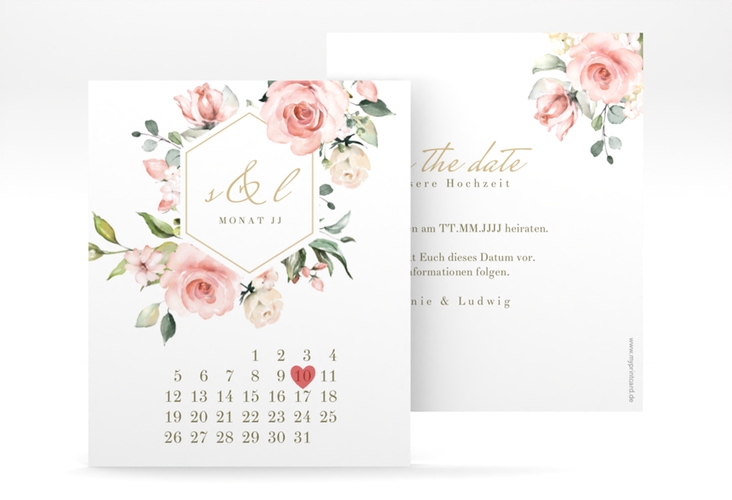 Save the Date-Kalenderblatt Graceful Kalenderblatt-Karte weiss mit Rosenblüten in Rosa und Weiß