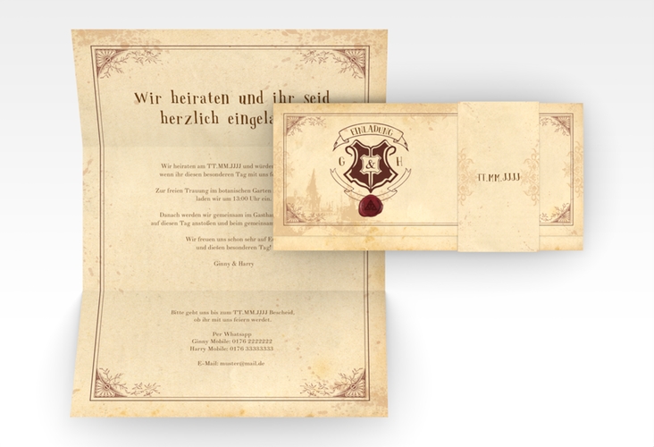 Hochzeitseinladung Zauberkunst Wickelfalzkarte + Banderole beige mit Fantasy-Wappen, Siegel und Zauberschule