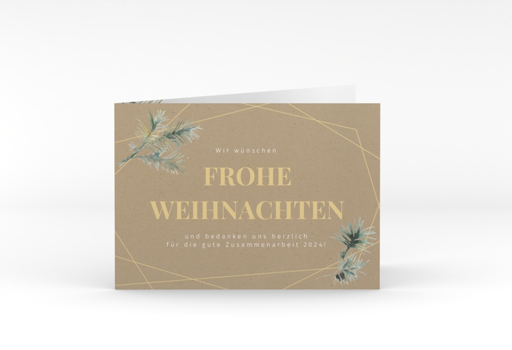 Geschäftliche Weihnachtskarte Edeltanne A6 Klappkarte quer Kraftpapier hochglanz mit Tannenzweigen und edlem Goldrahmen