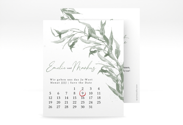 Save the Date-Kalenderblatt Eucalyptus Green Kalenderblatt-Karte weiss